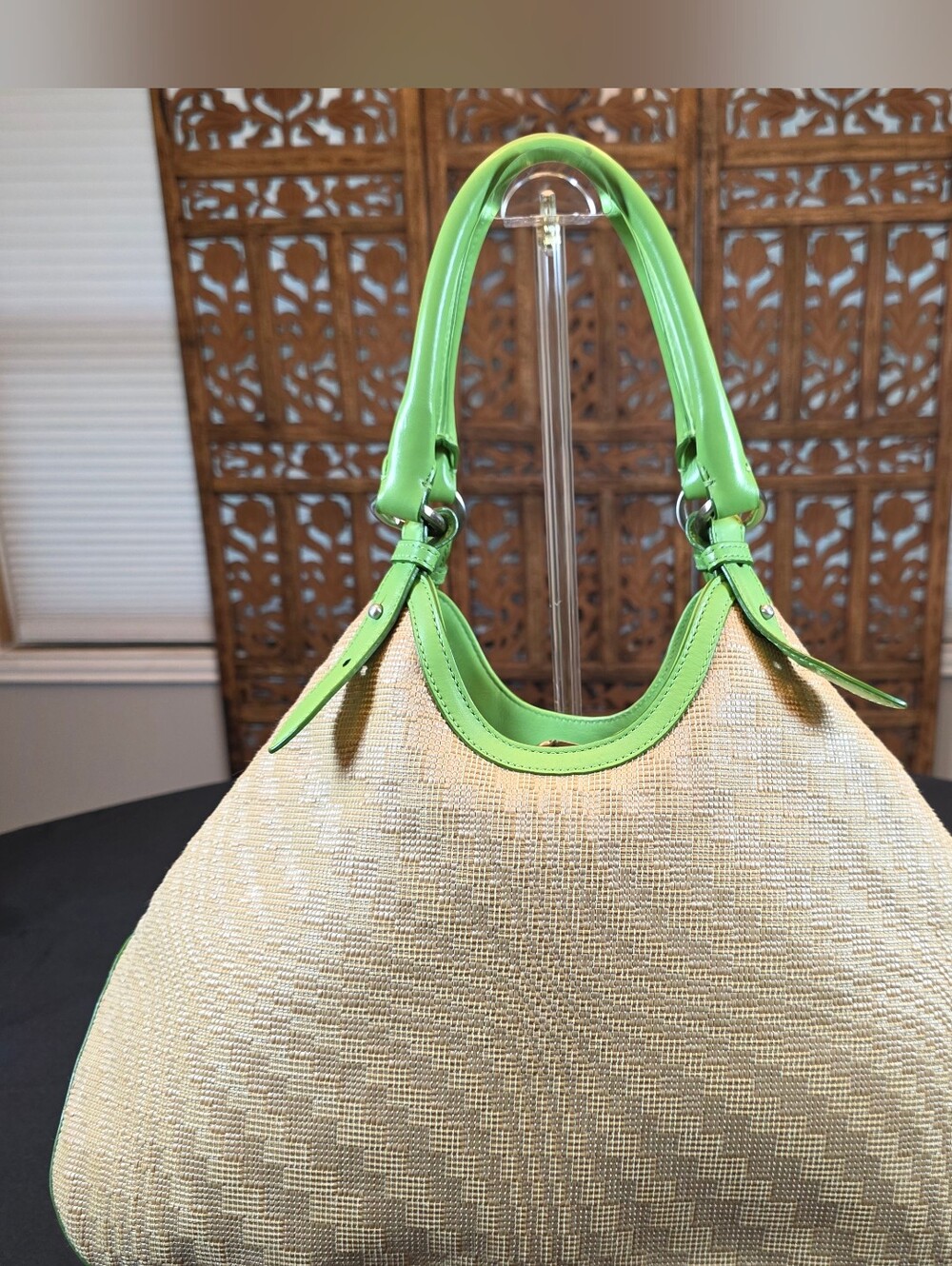 Cole Haan Large Green Leather & Woven straw Hobo Shoulder Tote